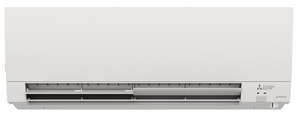 White wall-mounted air conditioner unit with vents open