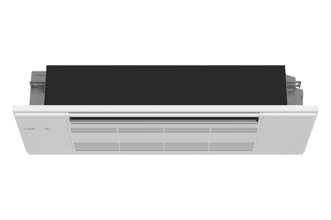 White ceiling cassette air conditioner unit with black top panel and vents