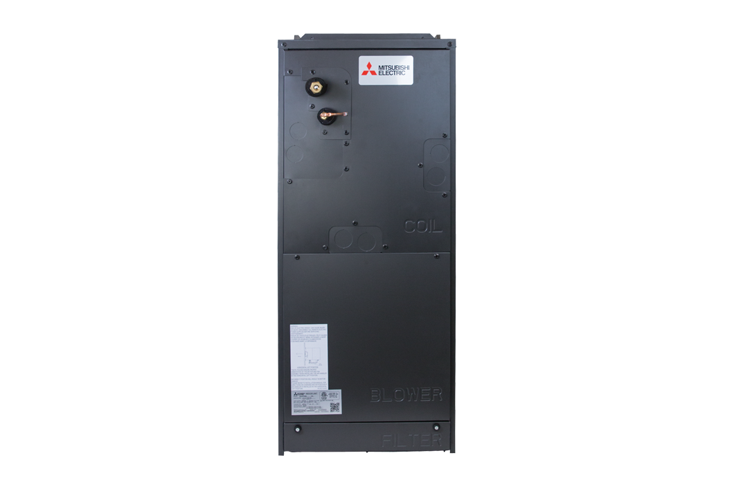 Tall gray metal electrical panel with labels and connectors on a white background