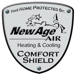 NewAge Air Heating & Cooling Comfort Shield metal service badge with shield shape and logo
