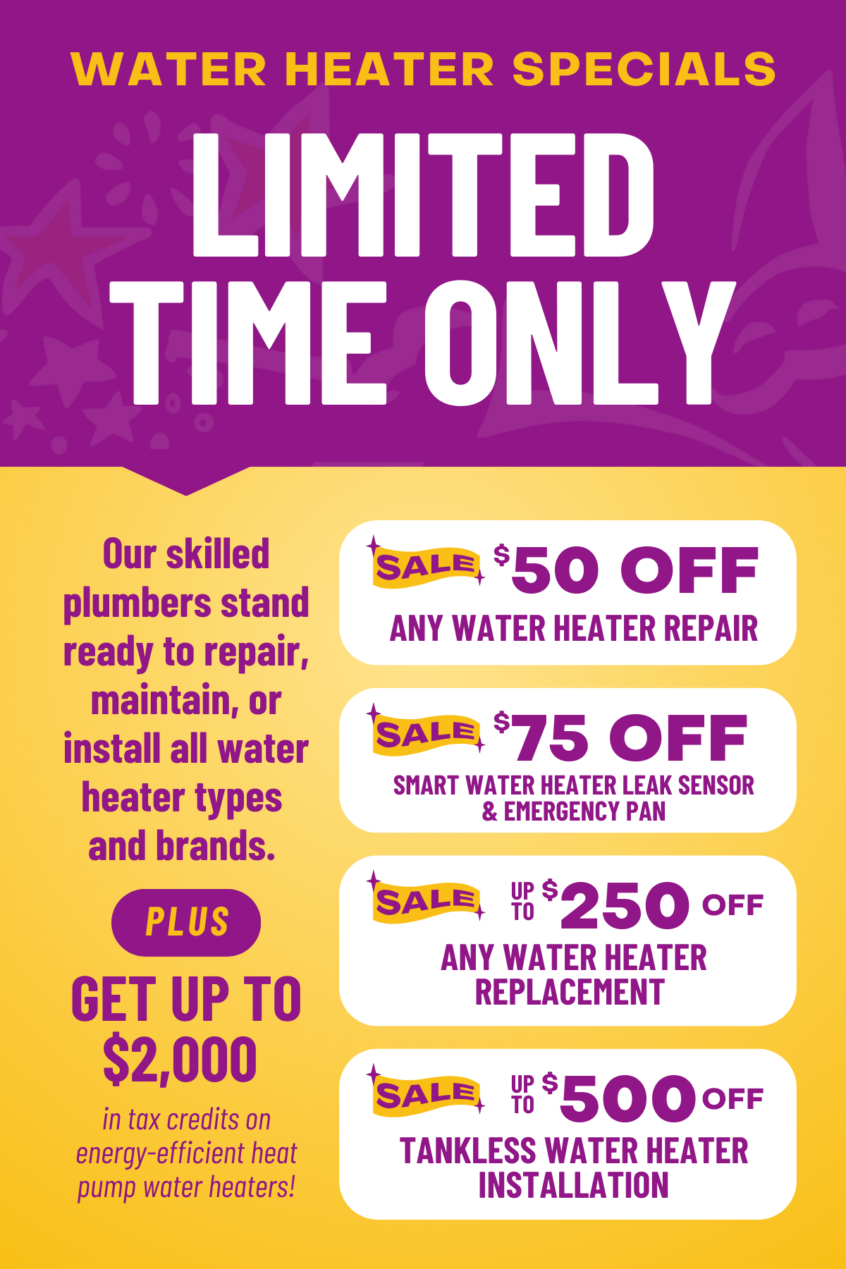 Purple water heater special ad with “Limited Time Only” and multiple savings offers.