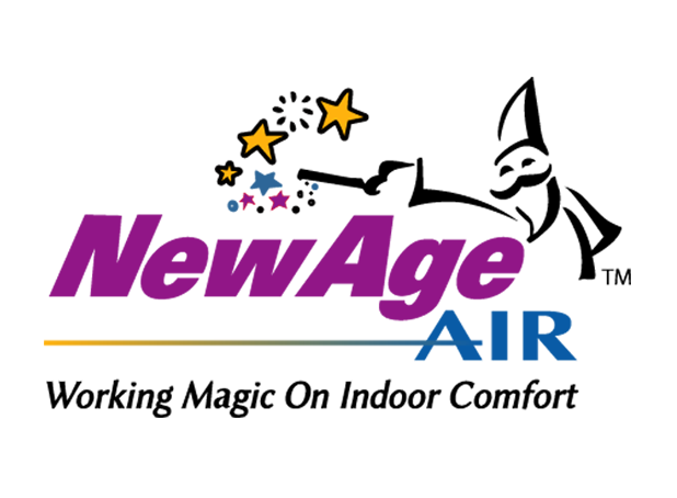 NewAge Air logo with purple and blue text, stars, and a black genie above the slogan “Working Magic On Indoor Comfort”