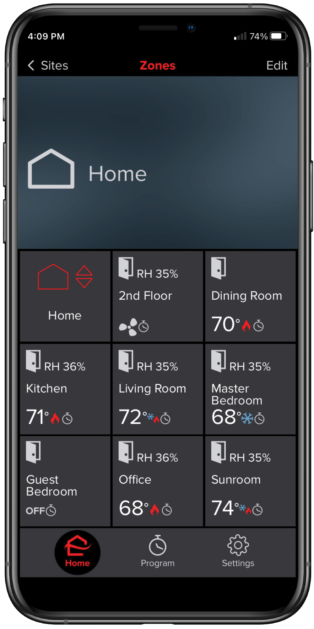 Smart home app dashboard showing rooms and device statuses, with temperatures and red/white icons on a phone screen