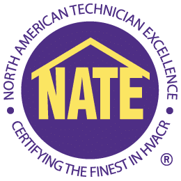 NATE logo: yellow letters in a purple circle with “North American Technician Excellence” and “Certifying the finest in HVACR”