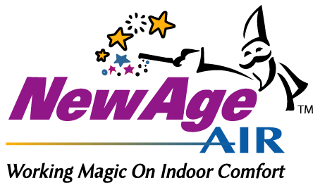 NewAge Air logo with stars, airplane, and mascot; tagline: &ldquo;Working Magic On Indoor Comfort&rdquo;