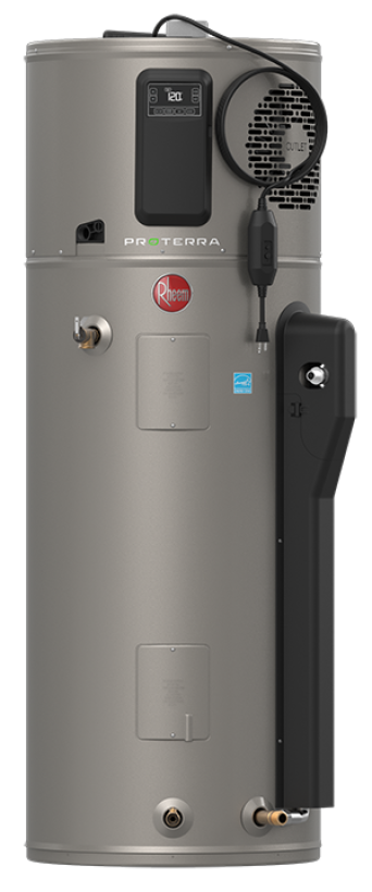 Vertical gray water heater with control panel, vent fan, and side-mounted black unit