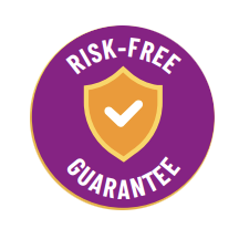 Purple risk-free guarantee badge with gold shield and white checkmark