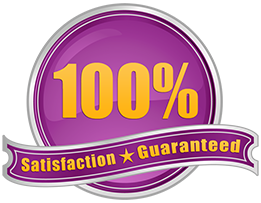 Purple and gold 100% Satisfaction Guaranteed badge with ribbon