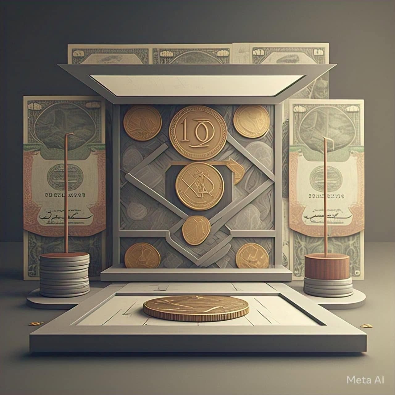 Stylized vault with gold coins and currency notes, symmetrical and front-lit in muted beige tones