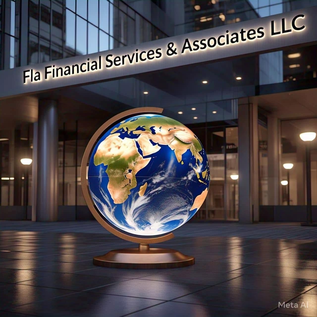 Globe sculpture outside Fla Financial Services & Associates LLC office at dusk