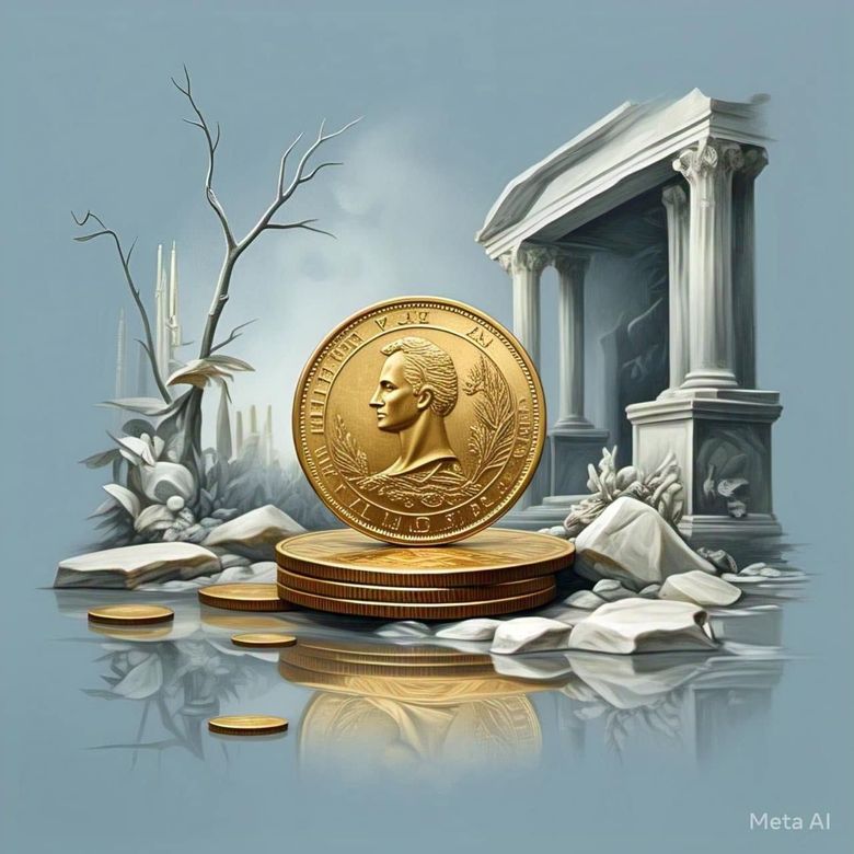 Gold coin on stacked coins amid classical ruins and scattered white stones on a reflective surface