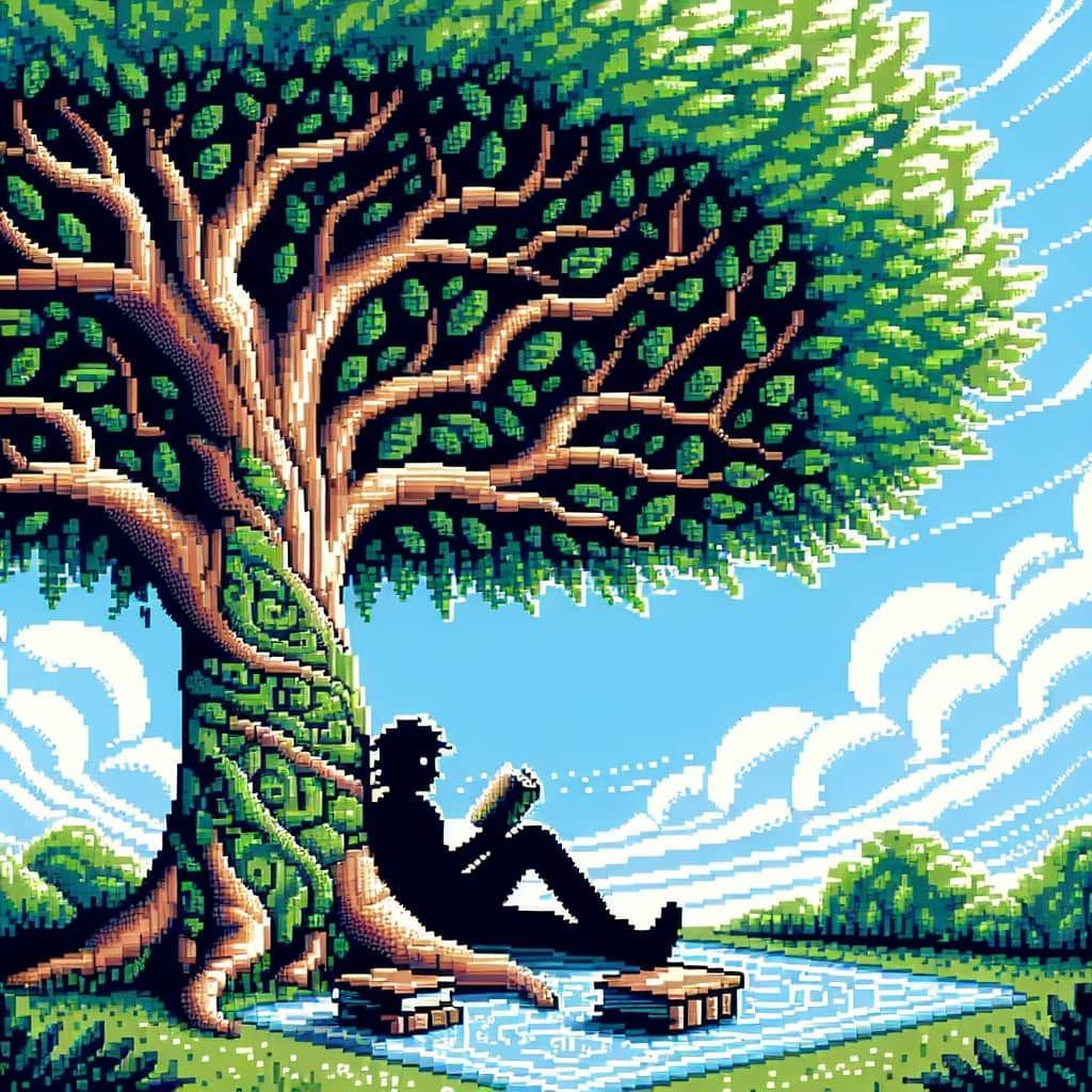 Silhouette reading under a leafy tree by water, with books and a bright blue sky