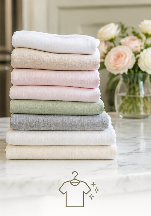 Stack of folded pastel and white towels beside a vase of flowers on a bright table