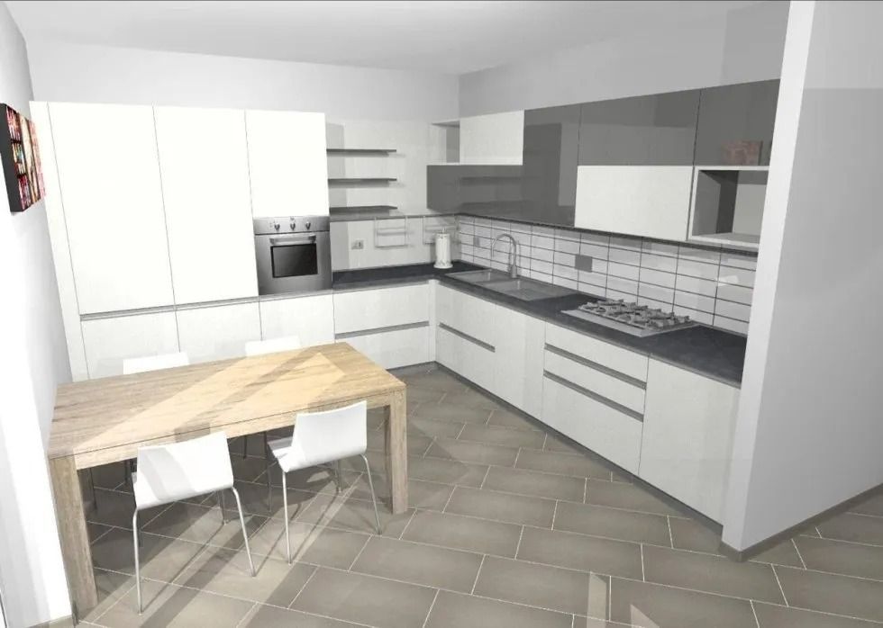 Rendering di una cucina moderna con mobili bianchi e grigi, elettrodomestici in acciaio inossidabile e un tavolo in legno con sedie.