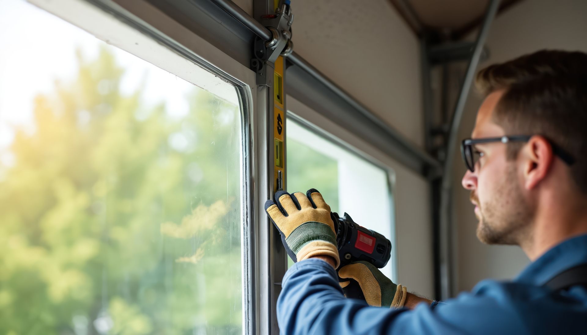 Man installs garage door using level and drill. Construction worker fits window panel. Man installs garage door using level and drill. Construction worker fits window panel.