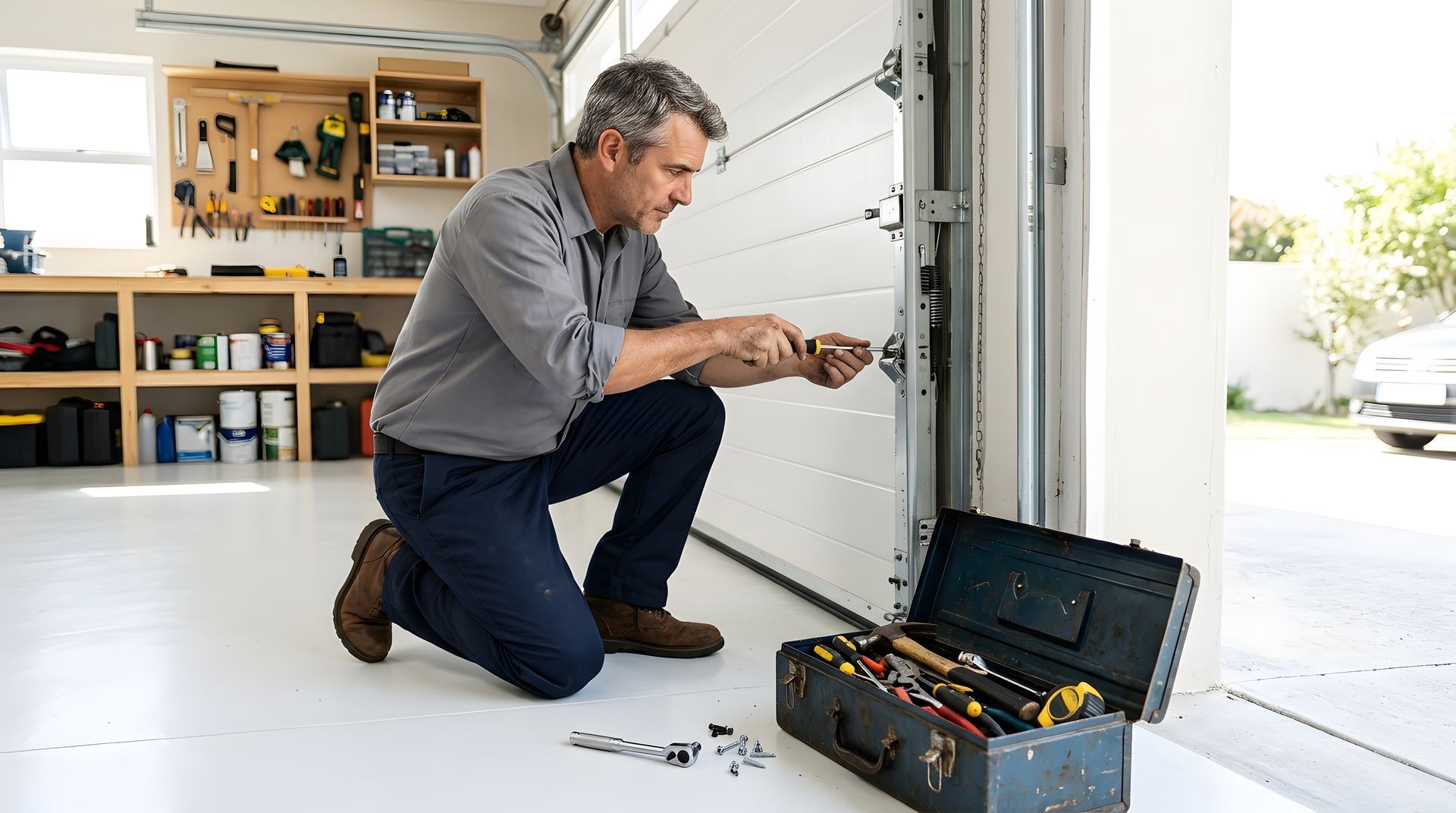 Technician repairing a residential garage door panel with hand tools.