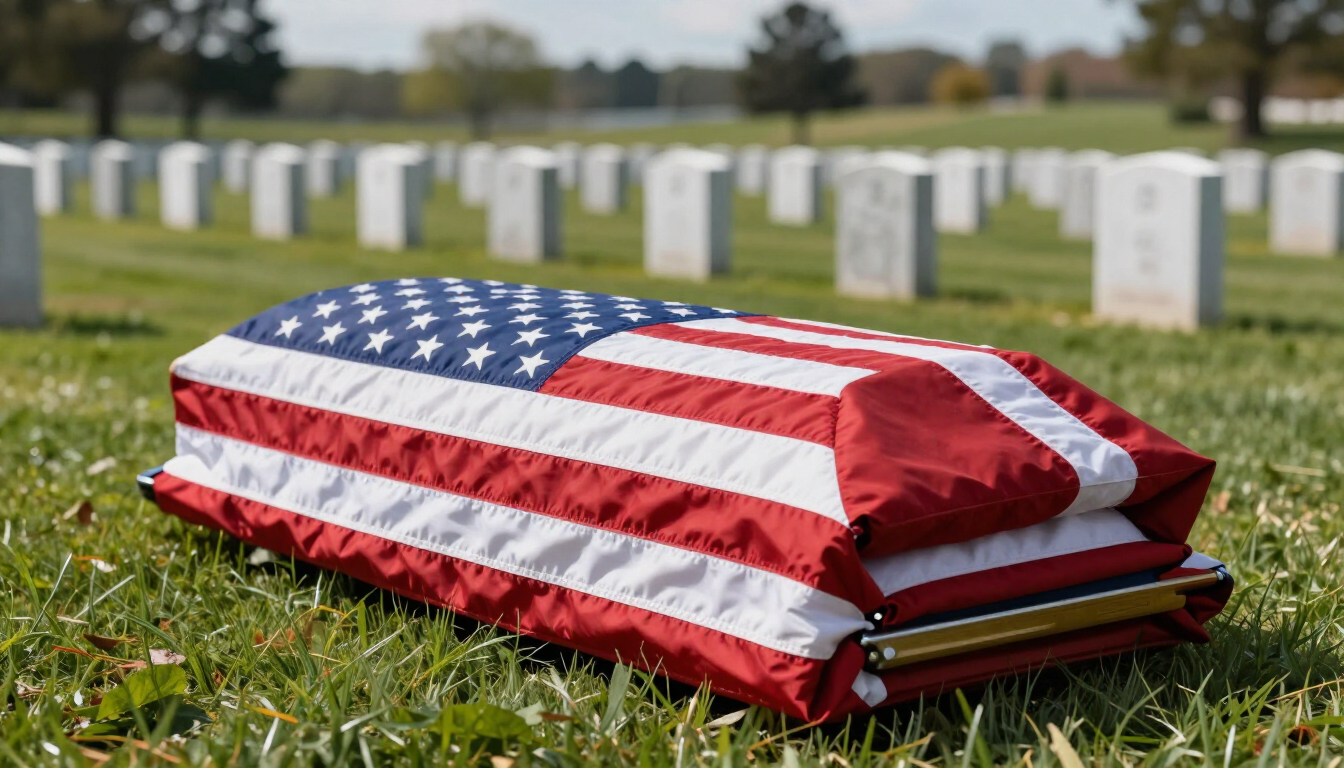 American flag-draped casket in a cemetery with rows of white headstones