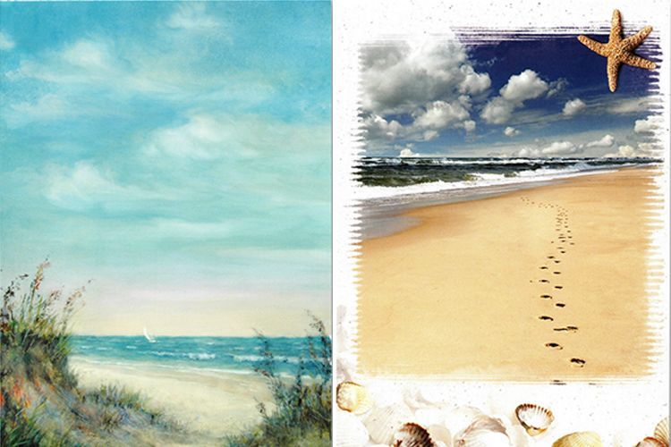 Two beach paintings: a pastel shoreline and a sunny beach with footprints, clouds, and seashells