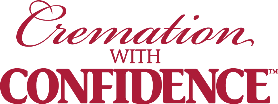 Logo reading “Cremation with Confidence” in red cursive and bold serif text on a white background