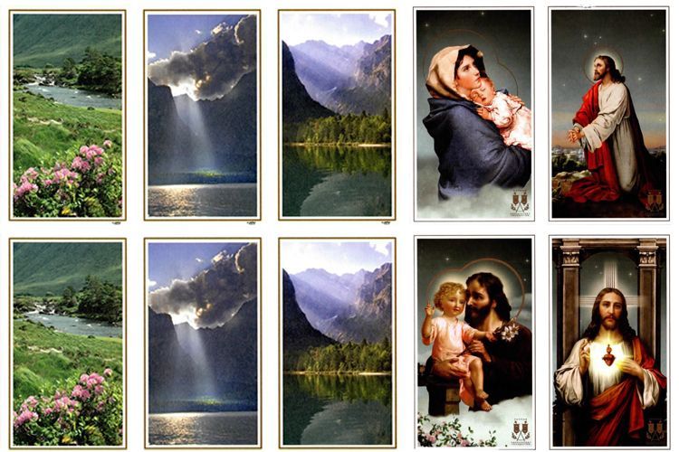 Collage of landscapes and religious paintings in framed panels