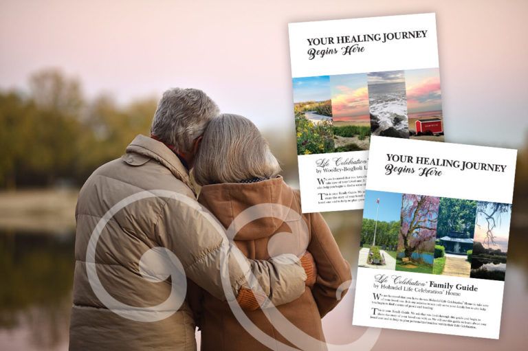 Older couple embracing outdoors beside two healing journey brochure designs