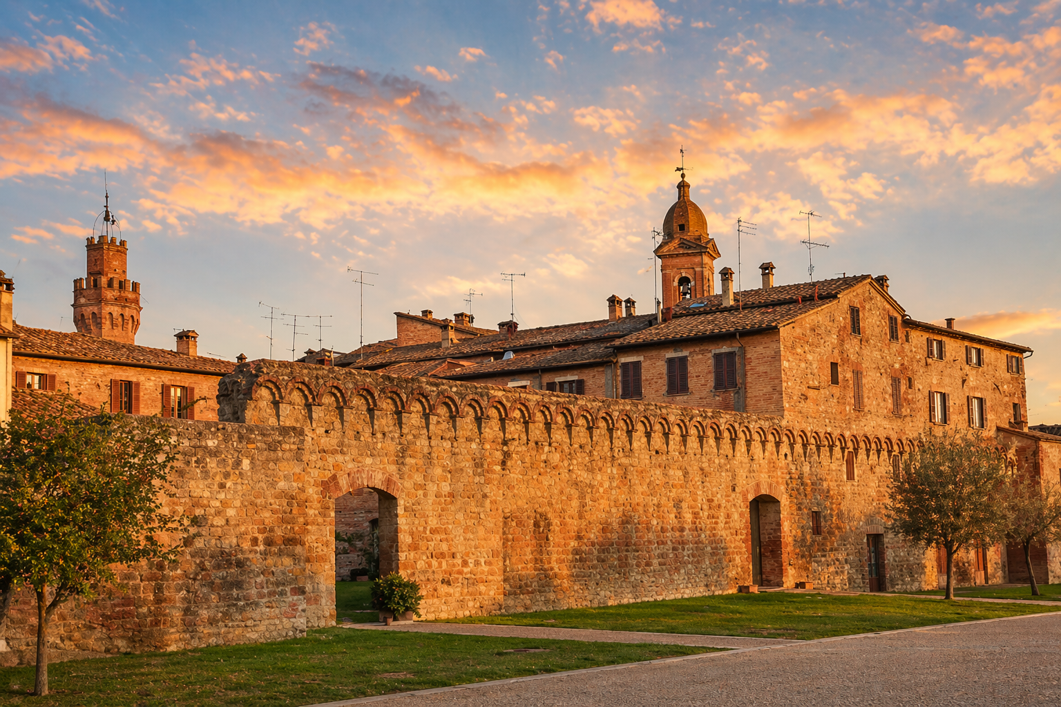 Mura di pietra della fortezza e porta ad arco al tramonto sotto un cielo dai colori vivaci.