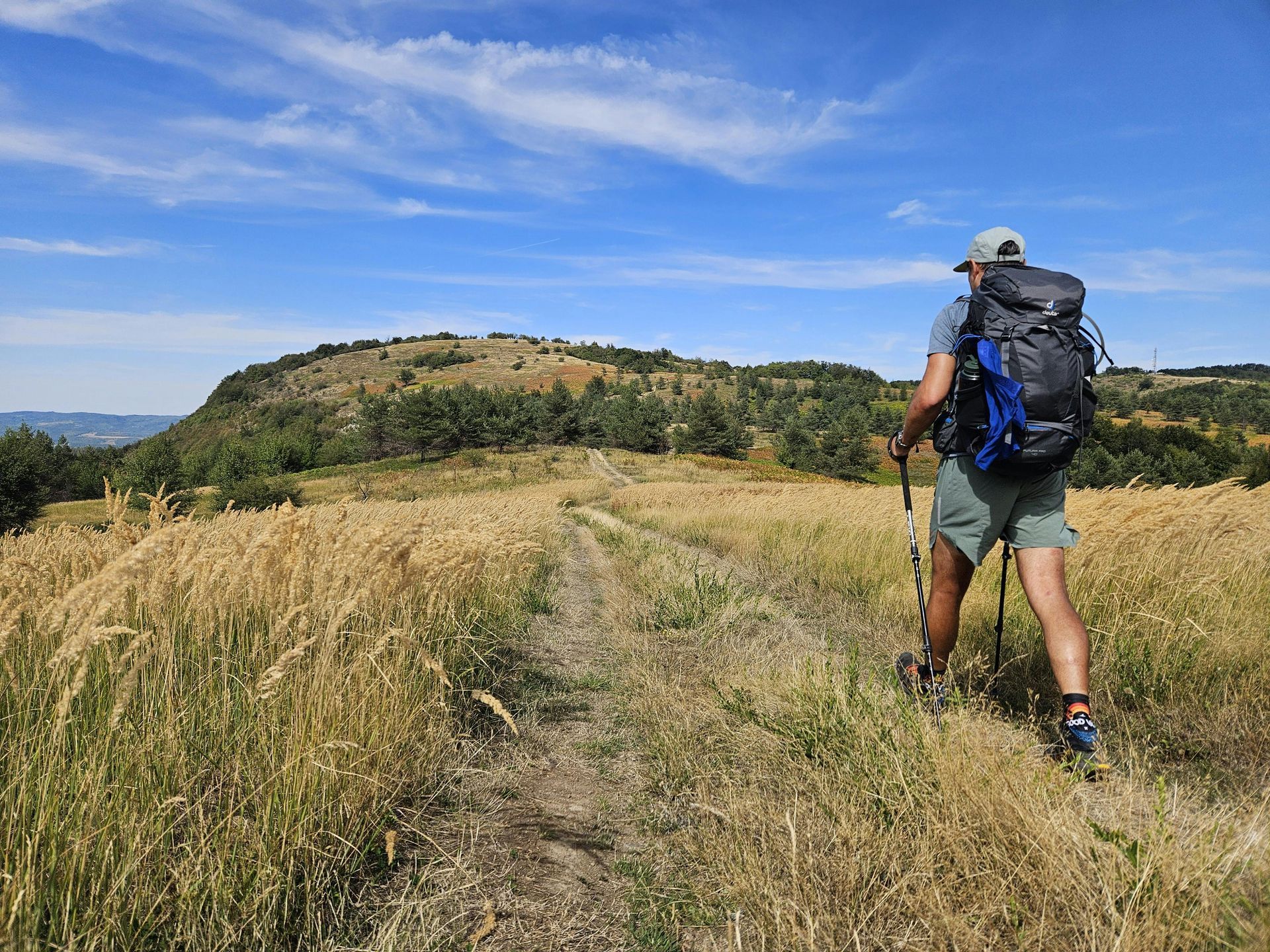 Un escursionista con zaino e bastoncini percorre un sentiero erboso verso una collina rocciosa sotto un cielo azzurro.
