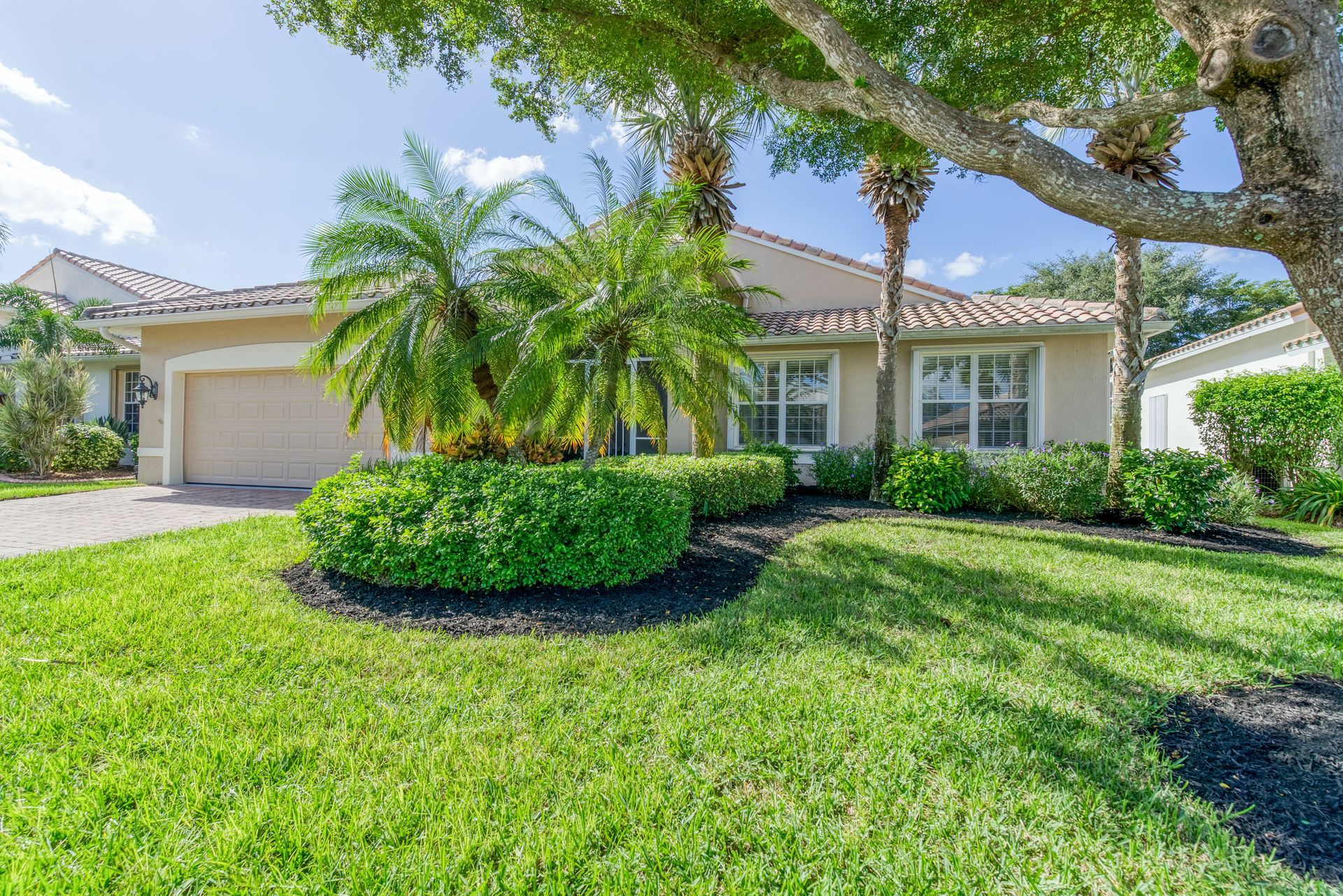 A house with a lush green lawn and palm trees in front of it.