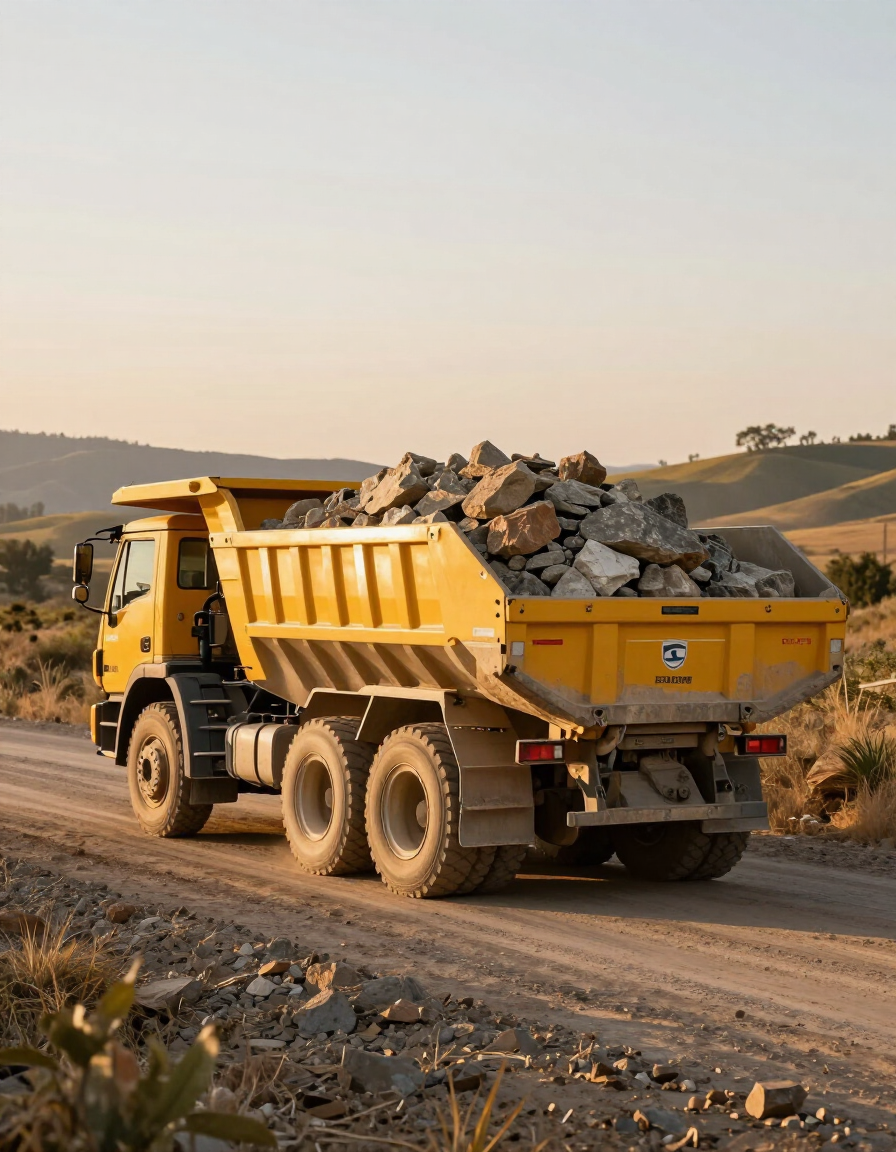 Camión de carga transportando áridos en ruta