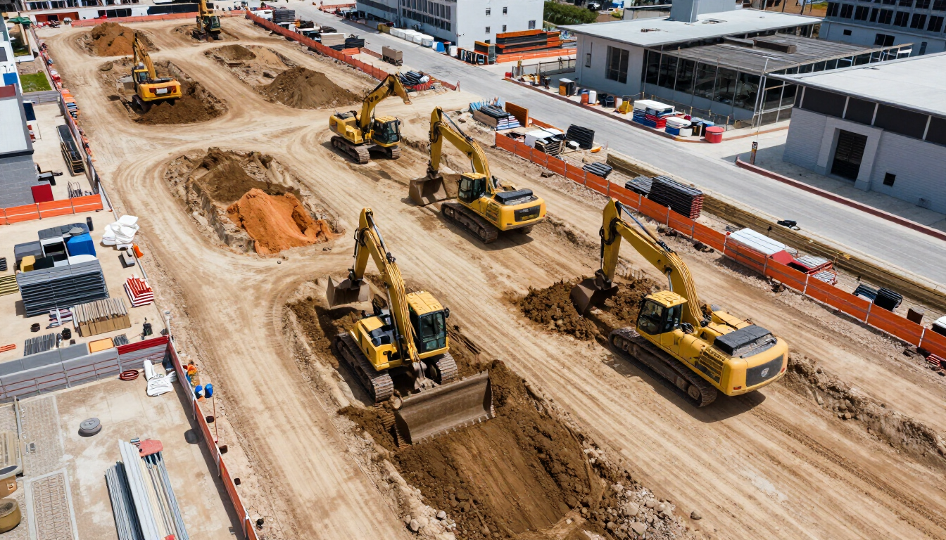 Vista aérea de sitio de construcción urbana con maquinaria en movimiento