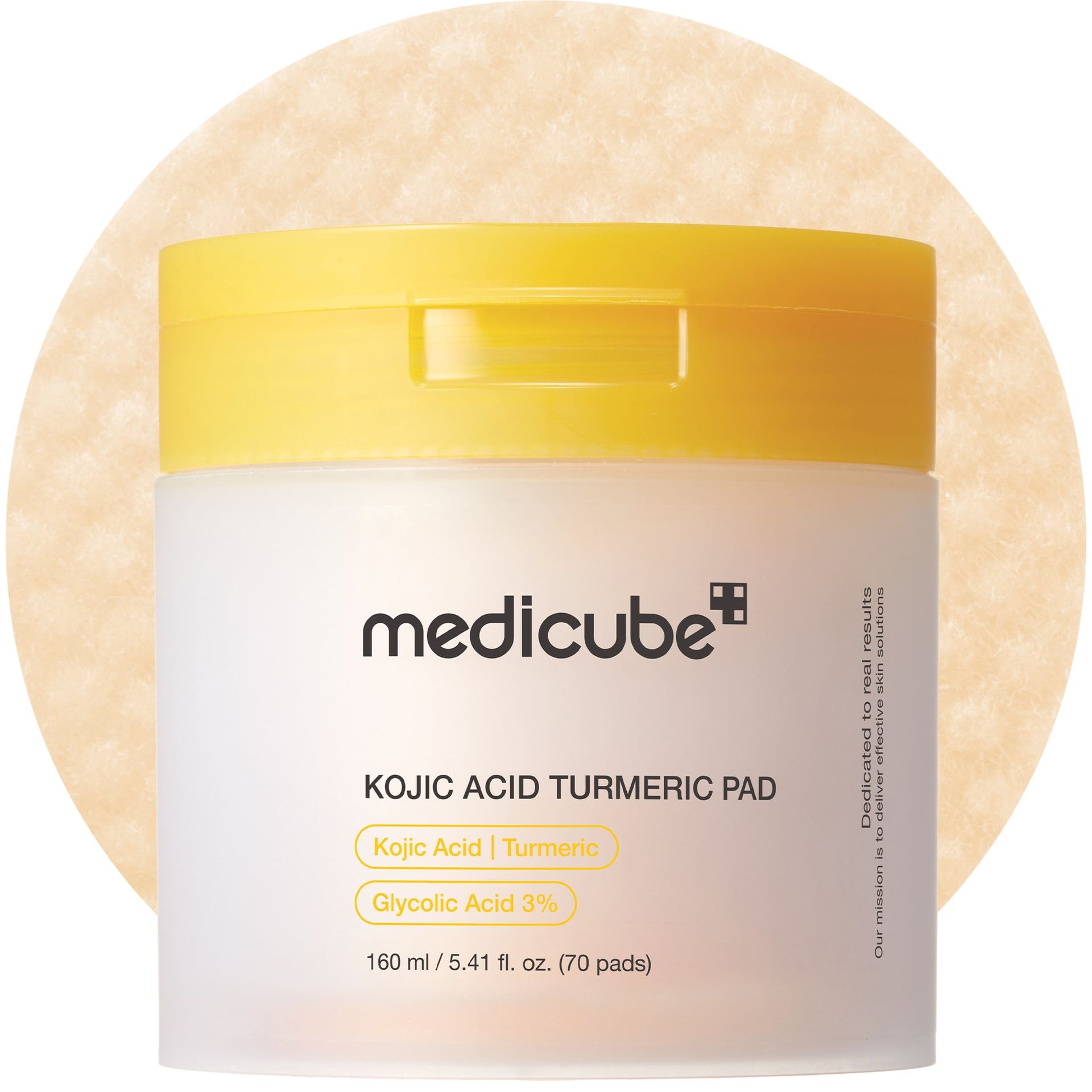 Medicube Kojic Acid Turmeric Pad skincare jar with yellow lid. Contains kojic acid, turmeric, and glycolic acid.
