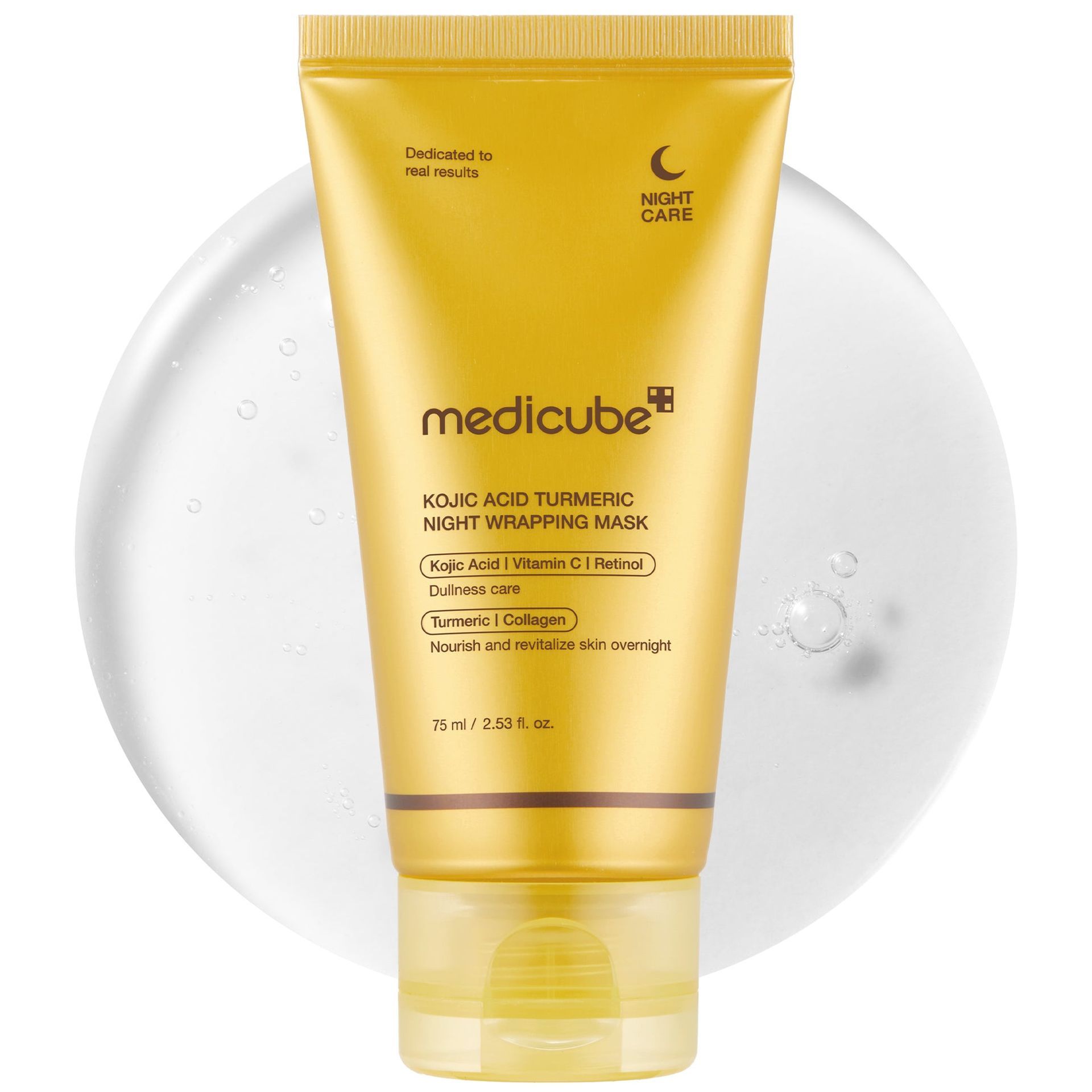 Yellow Medicube face mask tube on a white background, product shot.