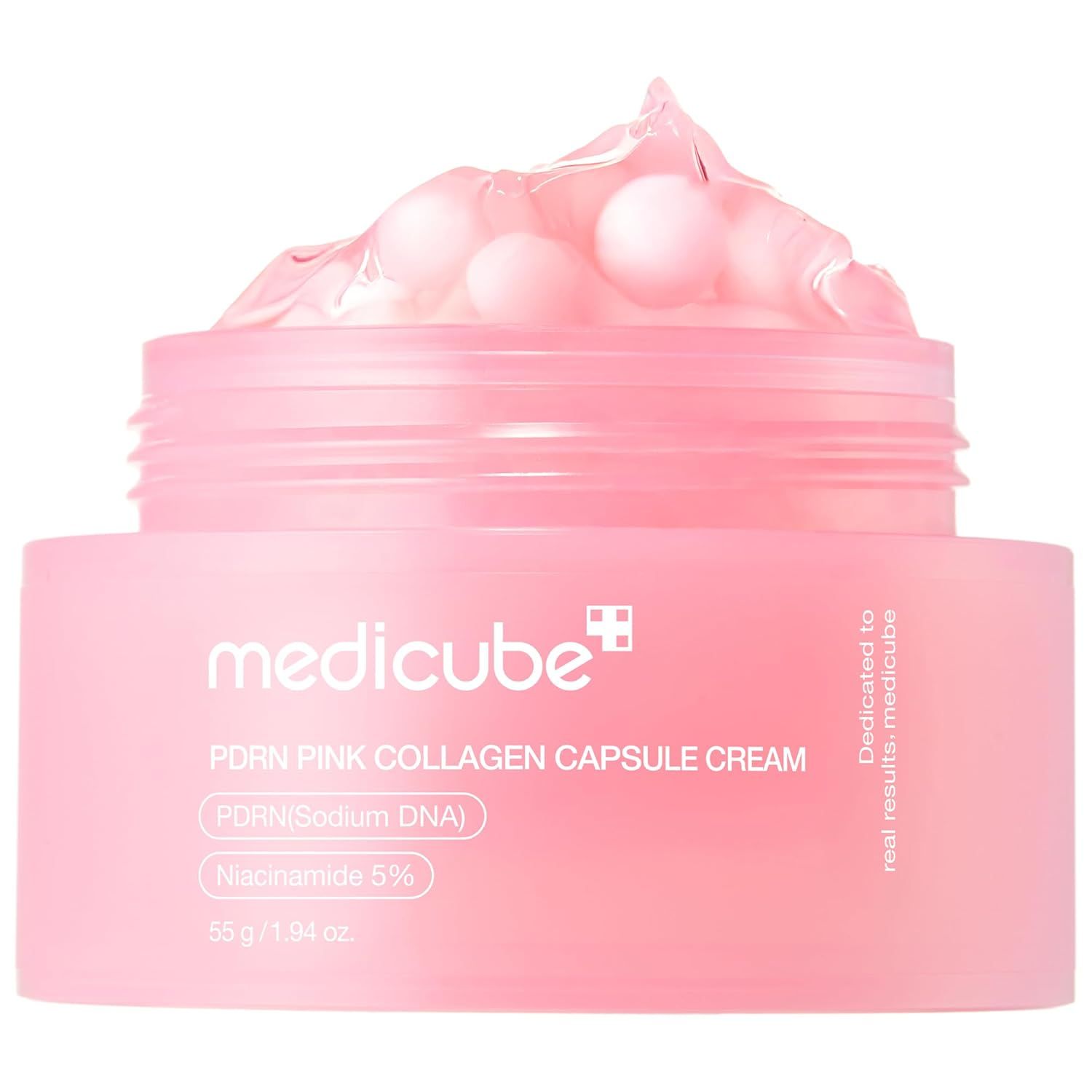 Pink jar of medicube PDRN Pink Collagen Capsule Cream with a gel texture and pink capsules visible.