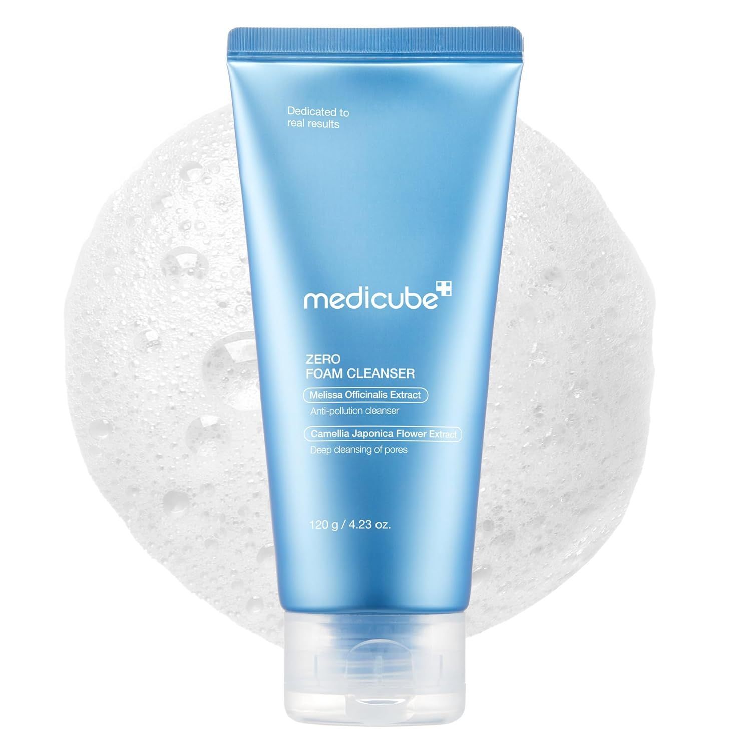 Blue tube of medicube+ foam cleanser in front of a white bubbly foam background.
