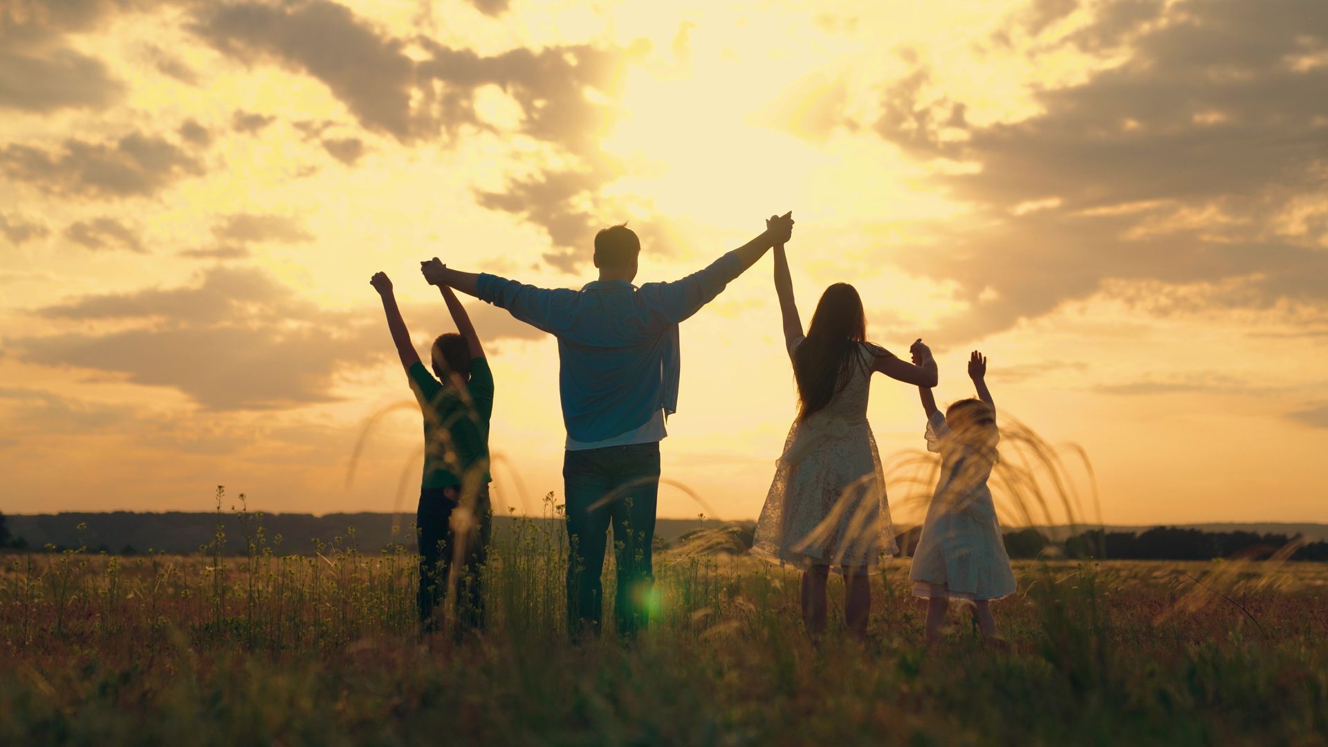 Family holding hands, silhouetted against a sunset in a field, arms raised.
