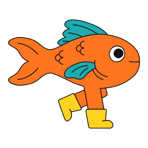 Un pesce arancione stilizzato con pinne color verde acqua e stivali da pioggia gialli, che cammina su uno sfondo bianco uniforme.