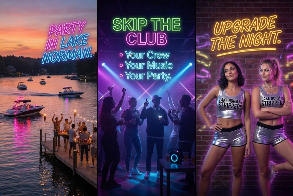 Three neon event posters: “Party All Night,” “Skip the Club,” and “Upgrade the Night” with nightlife scenes