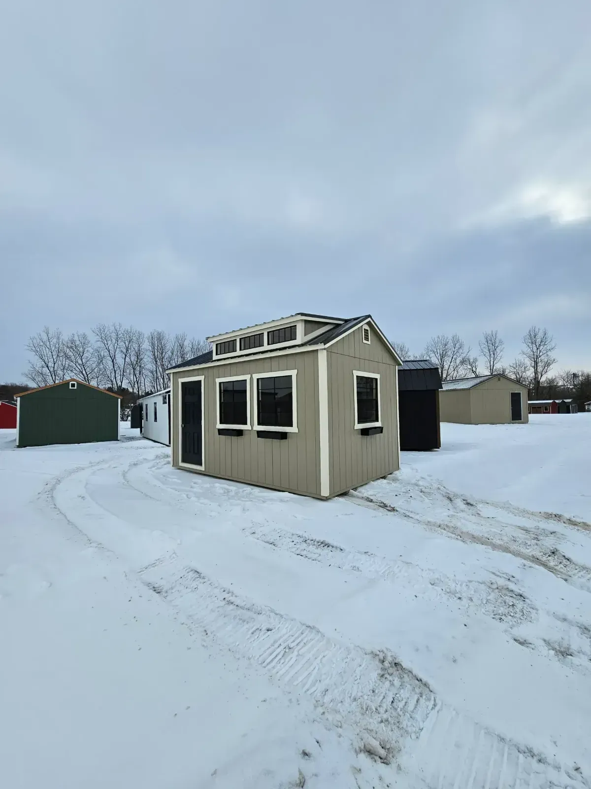 Small beige shed with dark-trimmed windows in a snowy open lot under an overcast sky