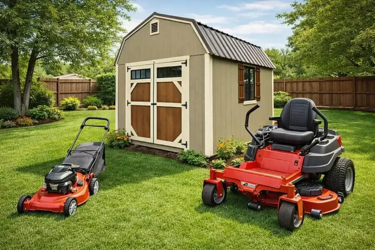 Two lawn mowers in a backyard beside a beige storage shed and wooden fence
