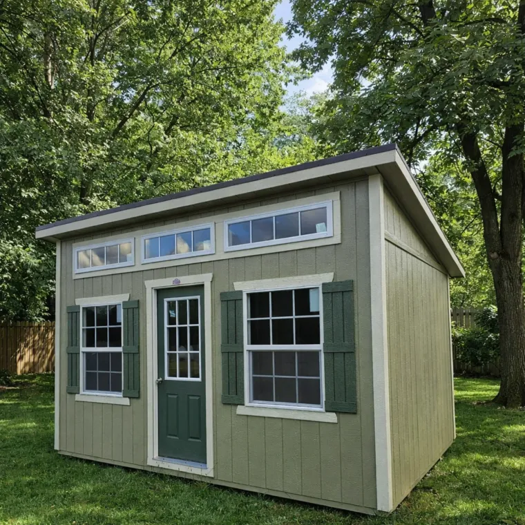 Small beige garden shed with green trim and windows, set among trees in a grassy yard