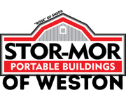 Stor-Mor Portable Buildings of Weston's red, black and gray logo with barn roof outline