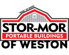 Stor-Mor Portable Buildings of Weston's red, black and gray logo with barn roof outline