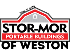 Stor-Mor Portable Buildings of Weston's red, black and gray logo with barn roof outline