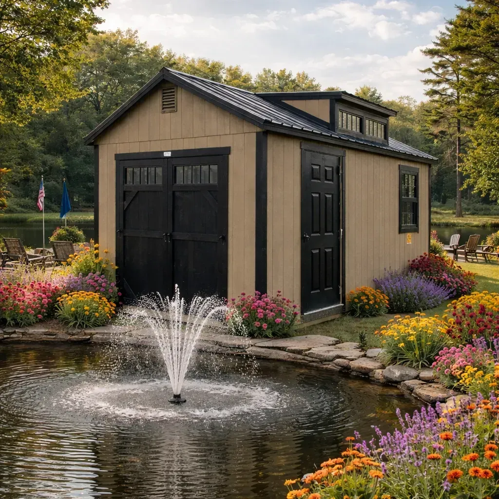 Open storage shed with empty interior, wood frame, and closed rear garage-style door