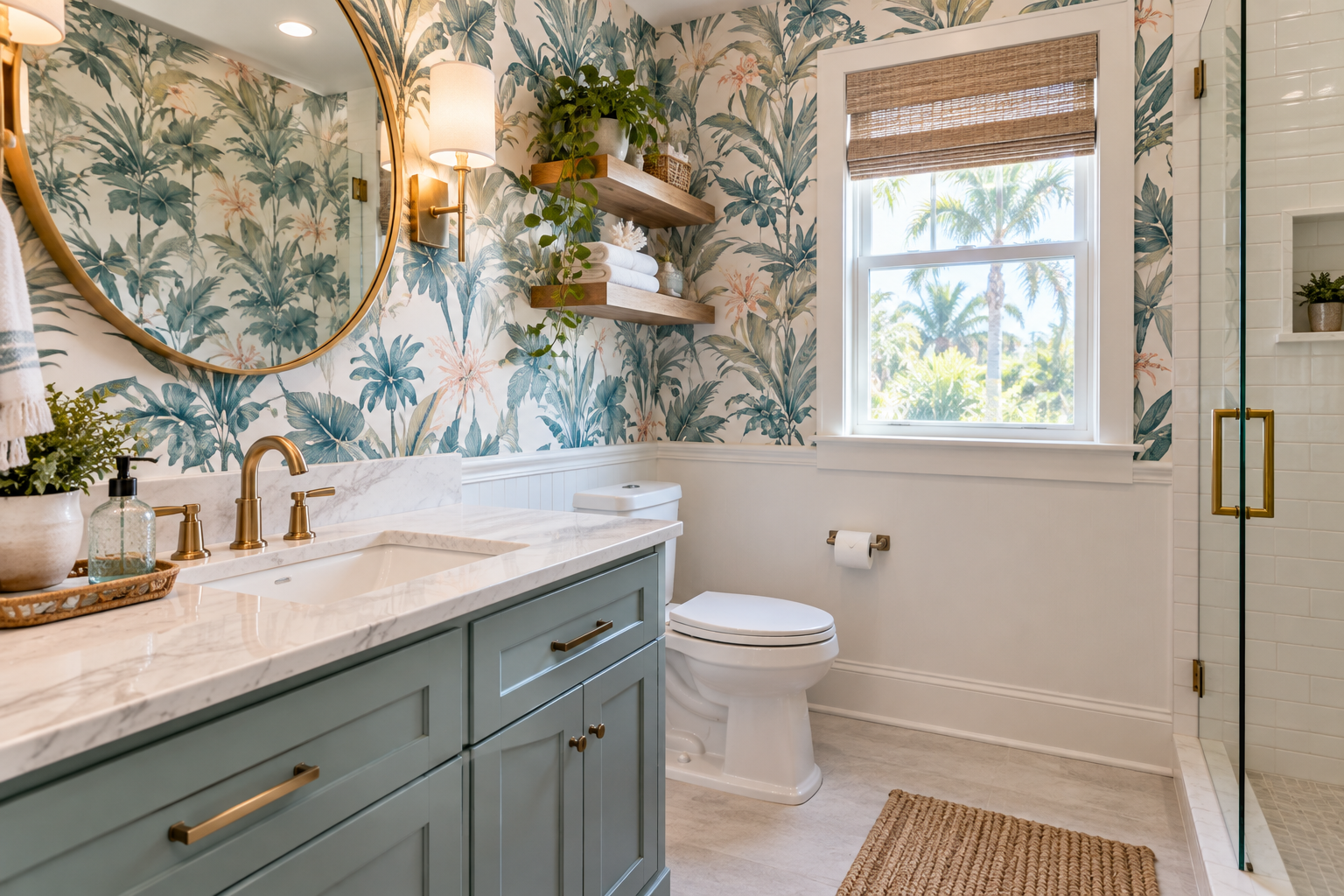 Bright bathroom with palm wallpaper, blue vanity, round mirror, and window light