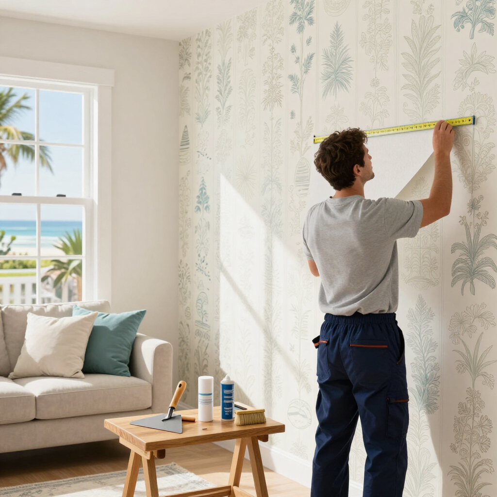 Person measuring wallpaper on a bright living room wall with a tape measure