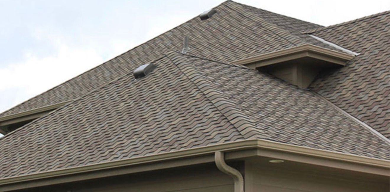 Close-up of a gray shingled house roof with two skylights and a gutter