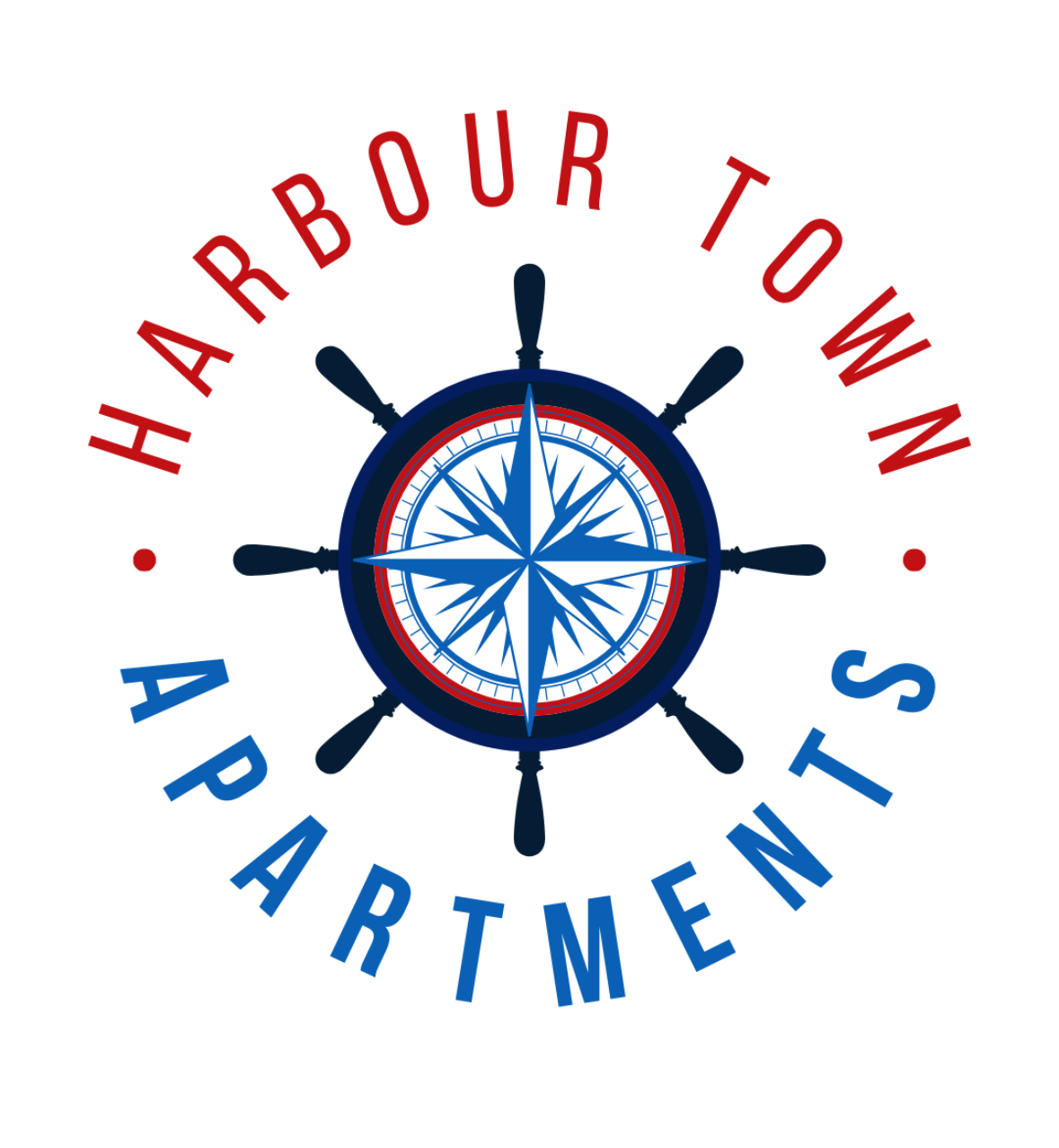 A logo for harbour town apartments with a compass in the center