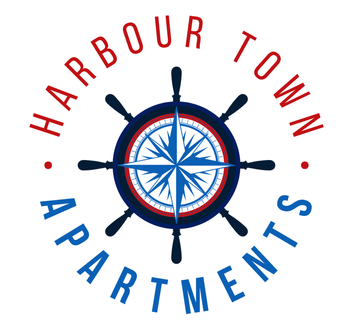 A logo for harbour town apartments with a compass in the center