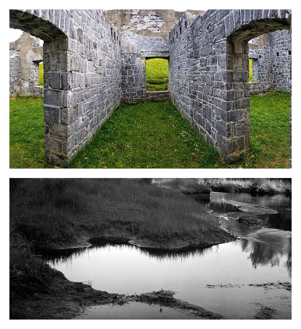 Color image of stone fort walls over black and white image of brook